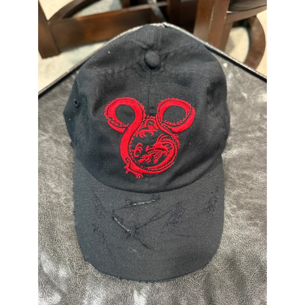 Walt Disney World Black Distressed Mickey Dragon Embroidered‎ Baseball Cap Hat